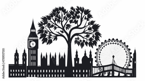Iconic London skyline silhouette featuring Big Ben, London Eye, and tree for travel and tourism designs