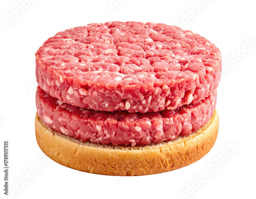 Two raw, red burger patties sit on a small, yellow bread roll