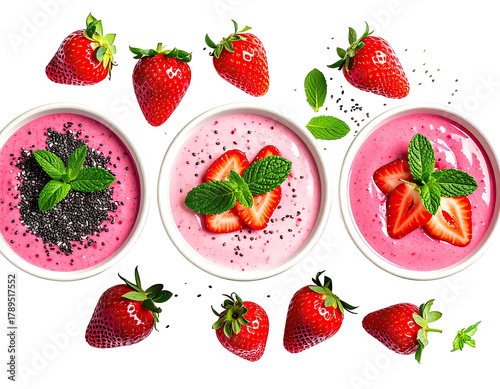 Strawberry yogurt with chia seeds and mint in white bowls