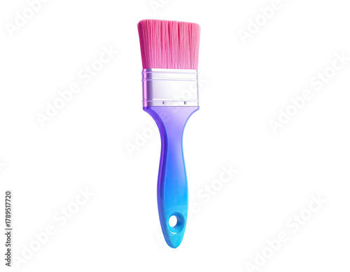 Upright paintbrush with pink bristles and blue handle