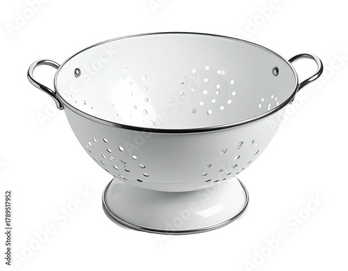 White enamel colander with a pedestal base and two side handles