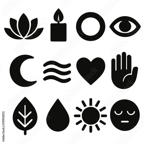 Mindfulness Icon Set. Mindful Awareness silhouette icon set: lotus flower, candle, aura circle, eye, moon, breath line, heart, hand, leaf, droplet, sunbeam, calm face. , .