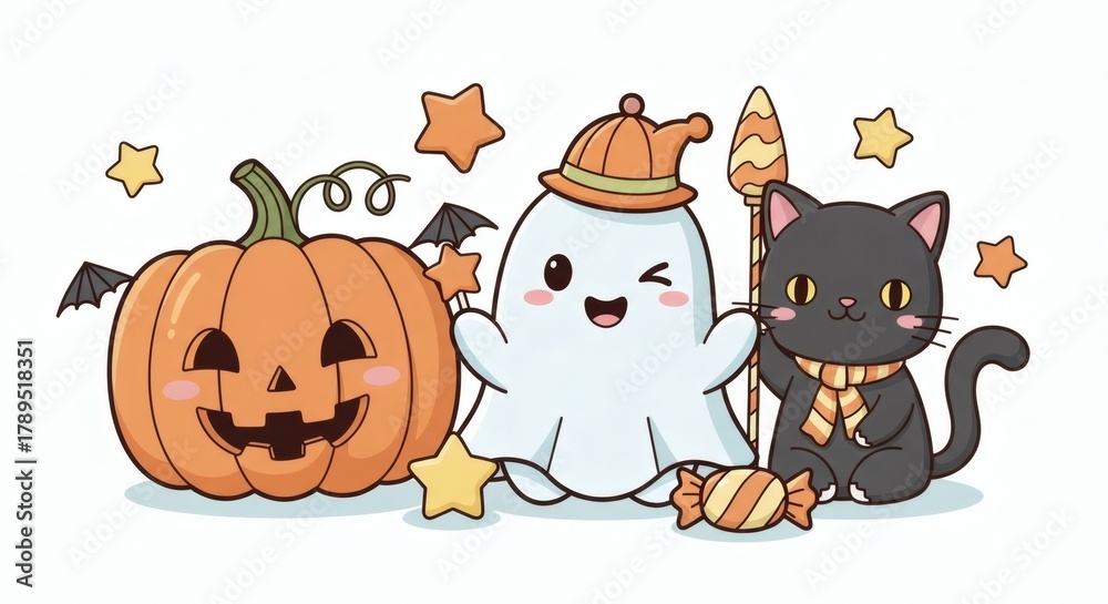 Fototapeta premium Cute cartoon illustration of a pumpkin, a ghost wearing a hat, and a black cat with candy and stars, celebrating Halloween.