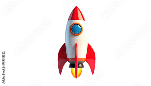 Retro-styled, red and white rocket on black