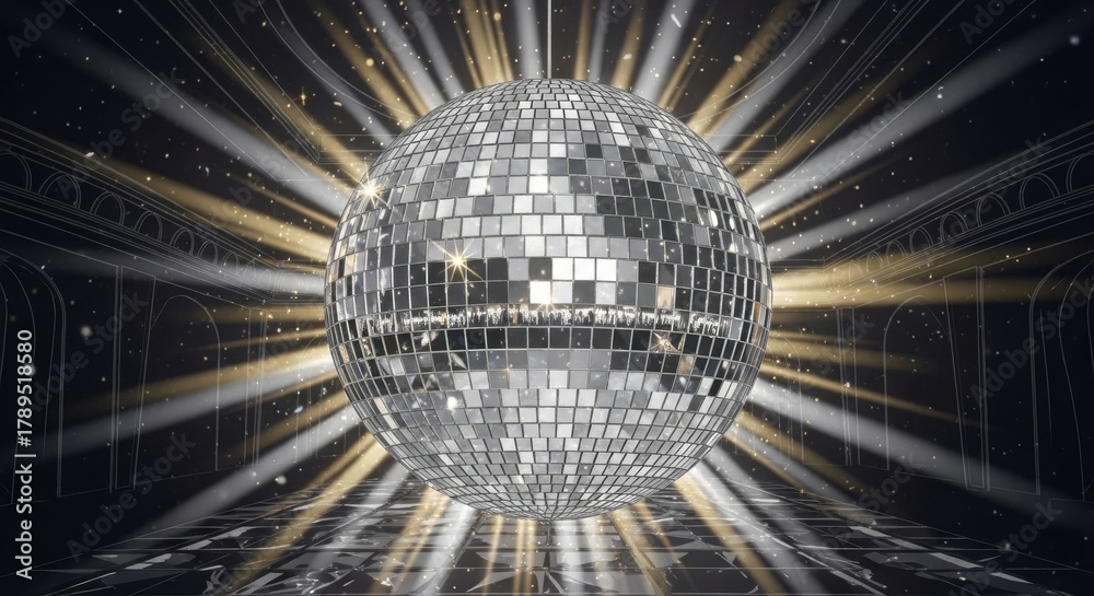 Obraz premium Disco Ball in Spotlight with Golden Rays and Glitter, Mirror ball, Party, Dance