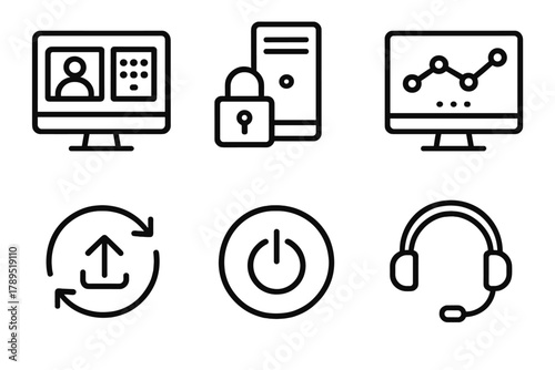 IT Management Icons. IT Remote Management linear icon set: admin console, server access, monitoring dashboard, update icon, system reboot, support headset.