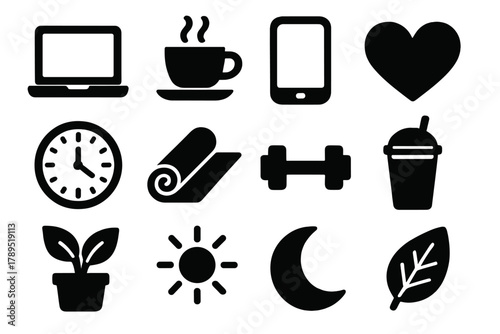 Bold Modern Icons. Modern Lifestyle silhouette icon set: laptop, coffee cup, phone, heart, clock, yoga mat, dumbbell, smoothie, plant, sun, moon, leaf.