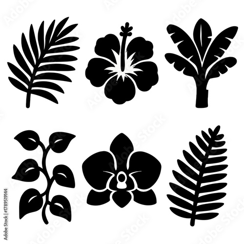 Brutalist Tropical Icons. Tropical Flora silhouette icon set: palm leaves, hibiscus flower, banana plant, orchid, vines, fern.