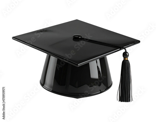 Glossy black graduation cap with a tassel