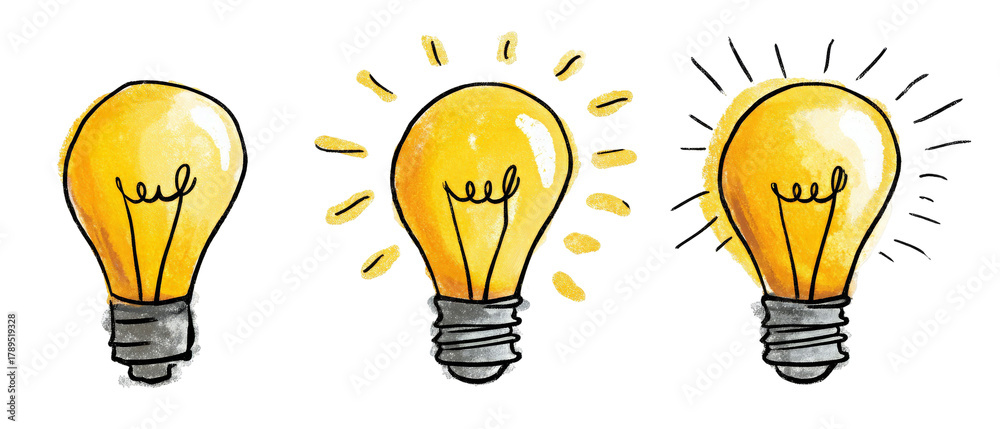 custom made wallpaper toronto digitalA series of three hand-drawn light bulbs representing different stages of illumination, set against a plain background, symbolizing creativity and innovation in design