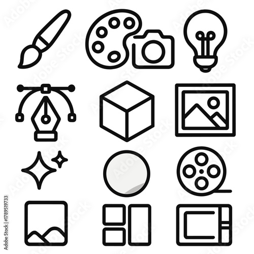 Creative Icon Collection. Creative Avatars linear icon set: paintbrush, color palette, camera, idea bulb, pen tool, 3D model, art frame, film reel, sparkles, gradient circle,