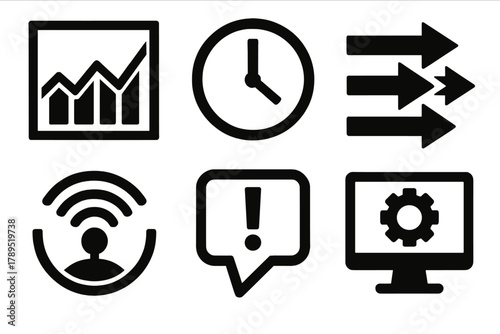 Brutalist Icon Set. Real-Time Processing silhouette icon set: live data graph, clock icon, stream arrows, sensor feed, alert bubble, processing monitor.