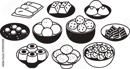 Vector pack of 30 delicious indian festival sweets laddu barfi and more icons