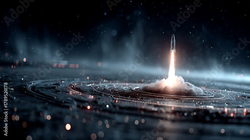 Rocket launch from futuristic city 3d style