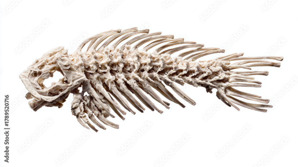 Fototapeta premium Dried fish skeleton with exposed rib bones and skull, detailed texture and high contrast, eerie natural decay