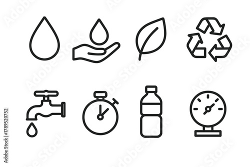 Water Conservation Icons. Water Conservation linear icon set: droplet, hand, leaf, recycle symbol, faucet, timer, bottle, gauge.