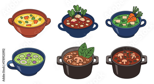 Delicious soups vector illustration various types soup bowls set vector