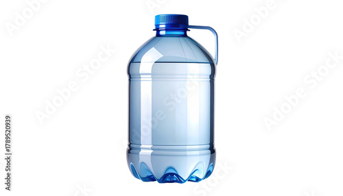 Large, transparent plastic water bottle; blue cap and handle