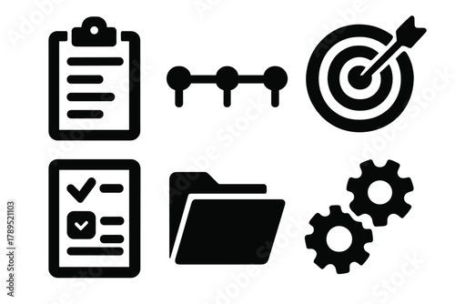 Bold Project Icons. Project goal setting silhouette icon set: clipboard, timeline, target board, checklist, document folder, gears.