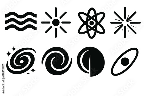 Quantum Symbol Icons. Quantum Space silhouette icon set: wave pattern, particle symbol, atom, energy lines, galaxy, dark swirl, light beam, orbit.
