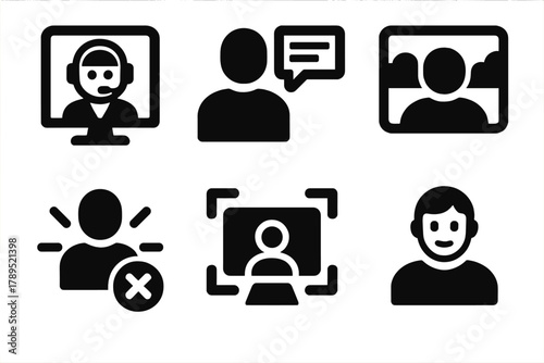 AI Call Feature Icons. AI Video Call silhouette icon set: virtual assistant, real-time transcription, background blur, noise cancellation icon, auto framing camera, smart avatar.