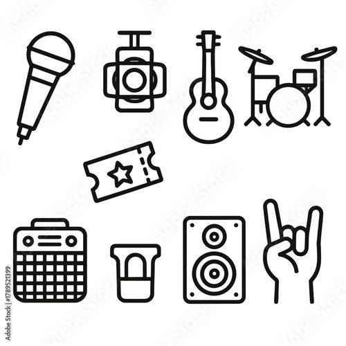 Concert Icon Set. Live Performance Collection linear icon set: microphone, stage light, guitar, drum set, amplifier, ticket, speaker, audience hand.