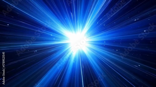 Bright Blue Light Streaks Exploding Outward From a Central White Starburst Effect With Tiny Particles on a Dark Background