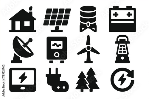 Off-Grid Living Icons. Off-Grid Living silhouette icon set: cabin, solar panel, water tank, battery bank, satellite dish, inverter box, wind turbine, solar lantern, energy monitor,