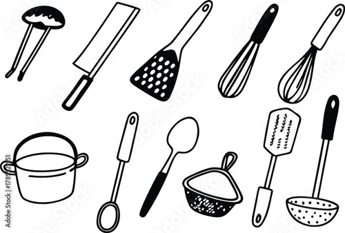 Collection of 30 hand-drawn kitchen utensil icons scalable vector graphics bundle