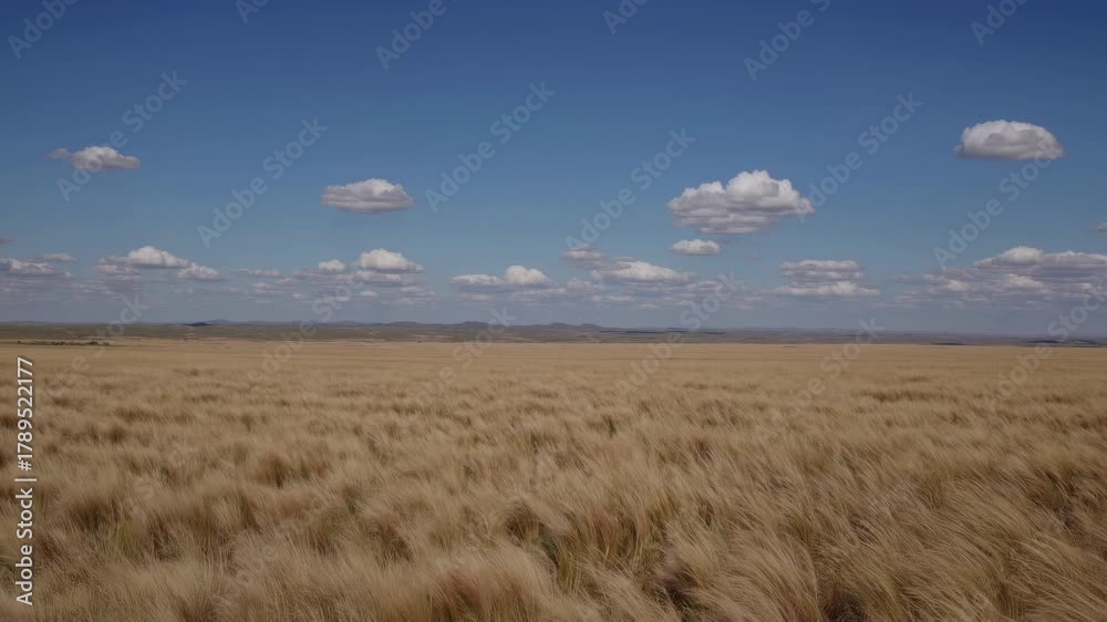Aerial video captures a vast, golden grassland under a clear blue sky ...