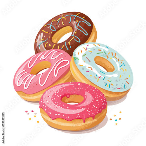 Stack of three colorful donuts with pink, blue, and brown glaze, decorated with sprinkles, delicious dessert illustration	

