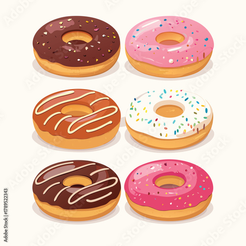 Stack of three colorful donuts with pink, blue, and brown glaze, decorated with sprinkles, delicious dessert illustration	
