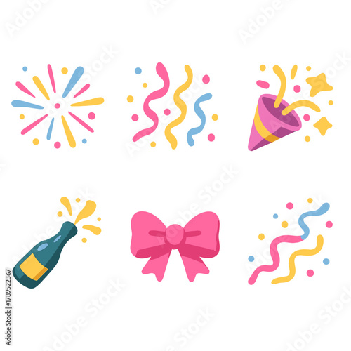 Colorful Celebration Icons. Joyful Confetti Icons modern flat icons set: burst of colors, flying ribbons, cone popper, glitter particles, glowing stars, champagne bottle, bow