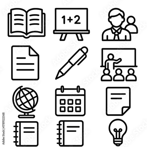 Educational Icons Collection. Academic Assignments linear icon set: open book, chalkboard, teacher icon, student group, paper sheet, pen, classroom, calendar, globe, notebook,