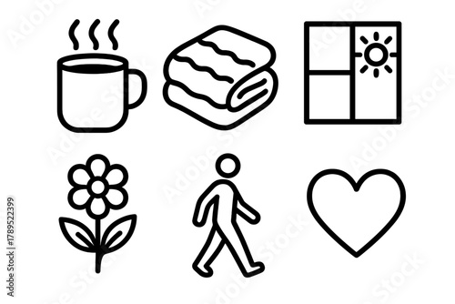 Everyday Joy Icons. Everyday Happiness linear icon set: coffee mug, cozy blanket, morning light, blooming flower, peaceful walk, heart symbol.