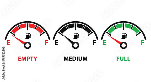 Fuel gauge indicator showing empty medium and full gas levels car vector