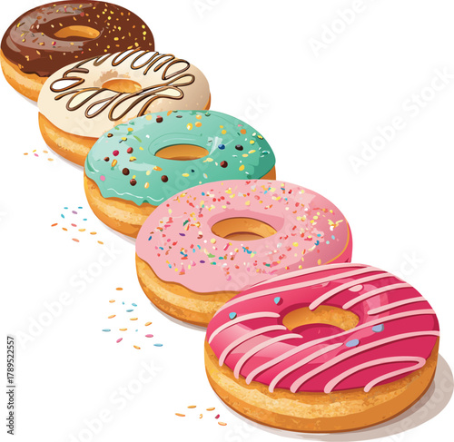 Stack of three colorful donuts with pink, blue, and brown glaze, decorated with sprinkles, delicious dessert illustration	
