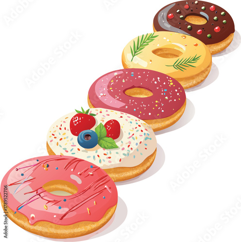 Stack of three colorful donuts with pink, blue, and brown glaze, decorated with sprinkles, delicious dessert illustration	
