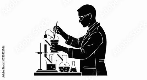 Scientist in protective glasses conducts experiment with beakers and flasks in laboratory.