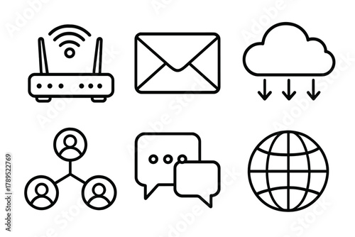 Digital Icon Set. Cyber Connection Set linear icon set: wifi router, message icon, data cloud, people network, virtual chat, web globe.