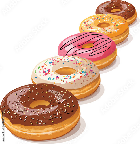 Stack of three colorful donuts with pink, blue, and brown glaze, decorated with sprinkles, delicious dessert illustration	
