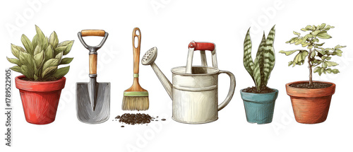 A vibrant collection of gardening tools and potted plants arranged neatly, showcasing a watering can, shovel, and brush, set against a clean background ideal for gardening themes