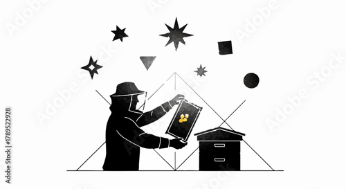 Beekeeper in protective suit tending to hive with abstract celestial shapes above