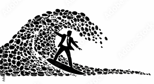 Silhouette of businessman surfing a wave of abstract shapes, symbolizing overcoming challenges and navigating business.