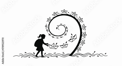 Child launches paper boats into a whimsical swirling stream of dreams and imagination