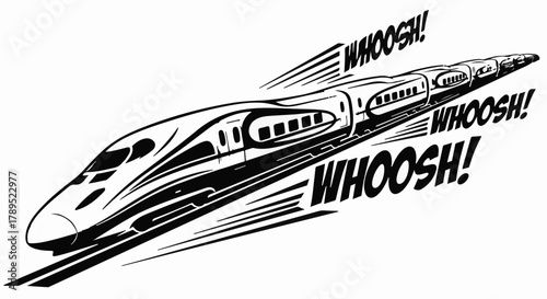 Sleek bullet train speeds through the landscape with a sense of rapid motion.