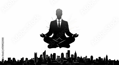 Silhouette of businessman meditating serenely above a city skyline, representing inner peace and focus.