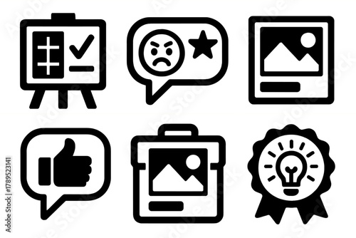Brutalist Creative Icons. Creative Forums silhouette icon set: design board, art critique bubble, photo post, feedback icon, portfolio showcase, creative badge.