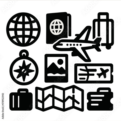 Bold Travel Icons. World Travel Set silhouette icon set: globe, passport, airplane, luggage, compass, photo, map, boarding pass.