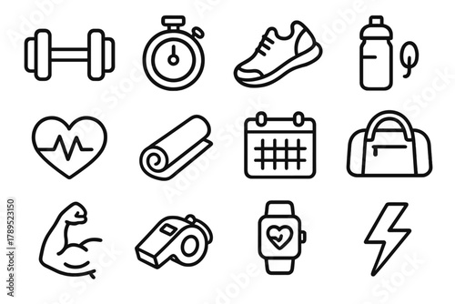 Fitness Icons Collection. Fitness Training linear icon set: dumbbell, stopwatch, running shoe, water bottle, heart rate, yoga mat, calendar, gym bag, muscle arm, whistle,